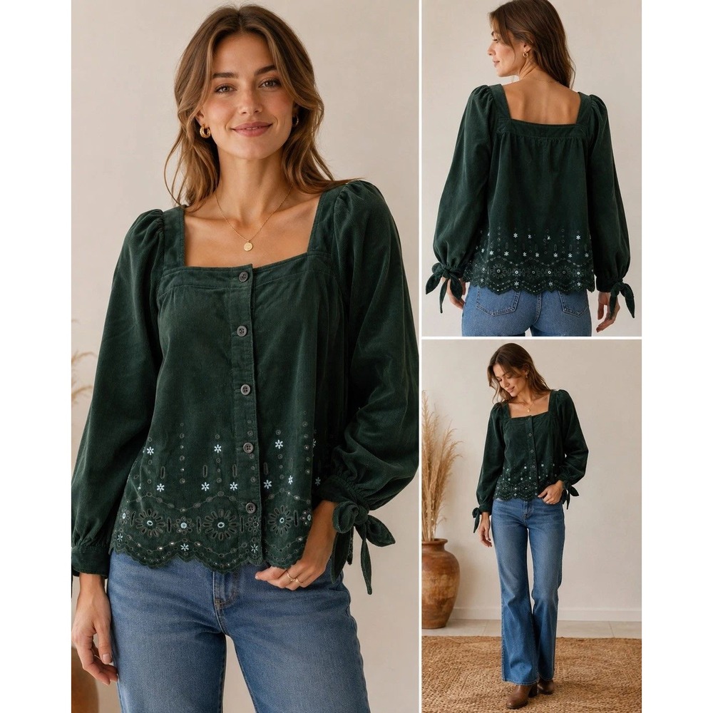 Madewell Green Eyelet Corduroy Button Front Top Women S Excellent